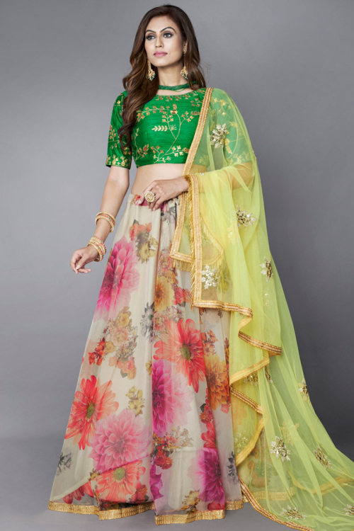 Cream Organza Printed Lehenga