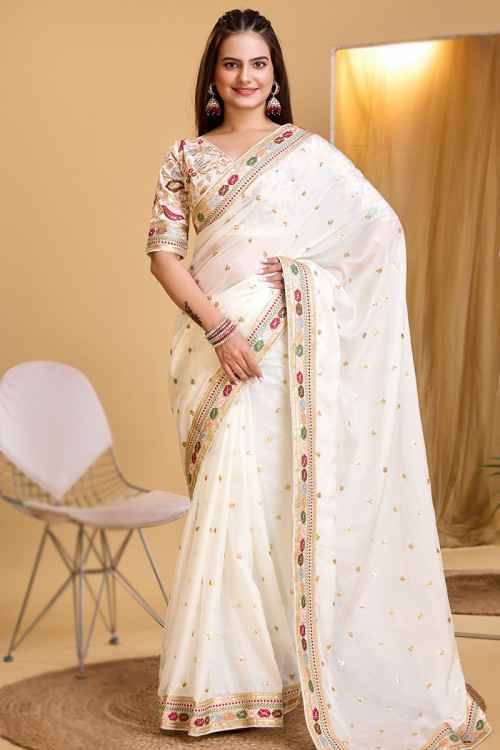 Cream Organza Sequins Embroidered Lightweight Sangeet Saree