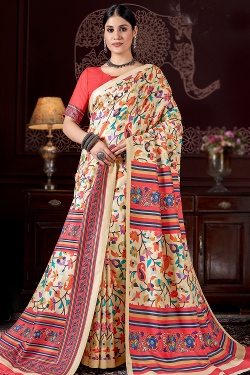 Cream Pashmina Printed Casual Wear Saree