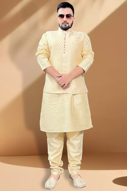 Buy Side Slit Cream Chinese Collar Neck Kurta Pajama Online for Men in USA