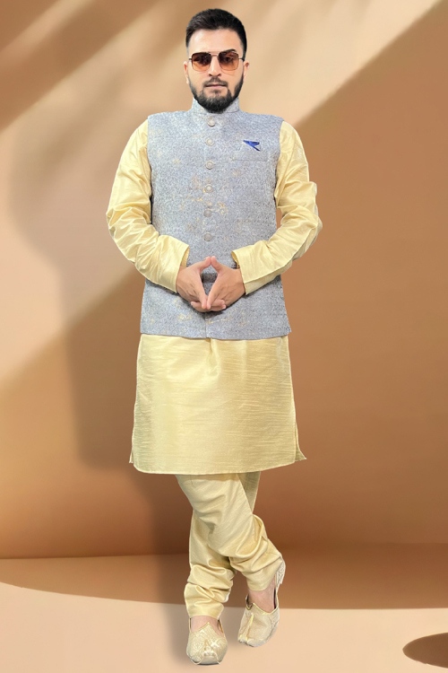 Cream Dupion Kurta Set with Designer Jacquard Jacket