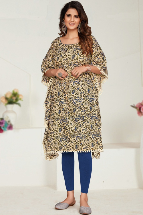 Cream Printed Cotton Casual Wear Ready Made Kurti