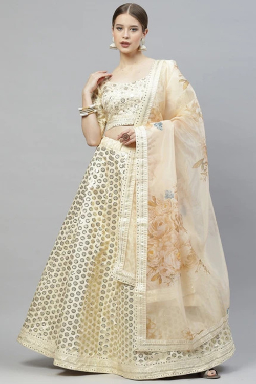 Cream Sequins Embroidered Silk Panelled Style Lehenga 