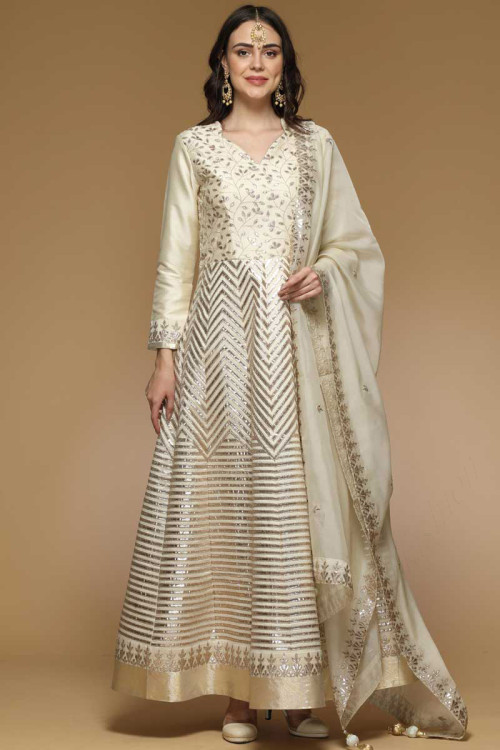 Cream Silk Eid Anarkali Suit With Zari Work
