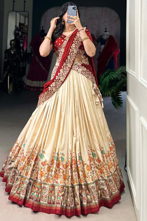 Cream Silk Blend Embroidered Flared Style Lehenga 