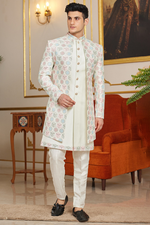 Cream Silk Blend Embroidered Jacket Style Men's Sherwani