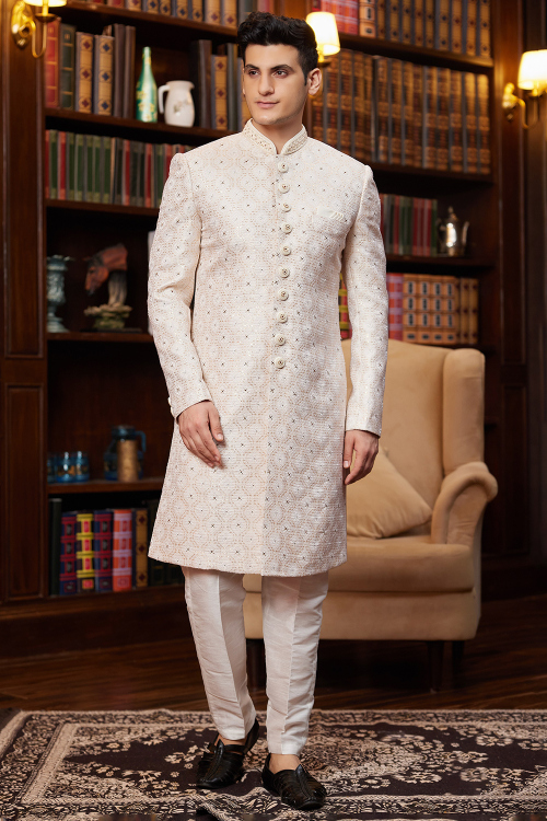 Cream Silk Blend Embroidered Straight Cut Men's Sherwani 