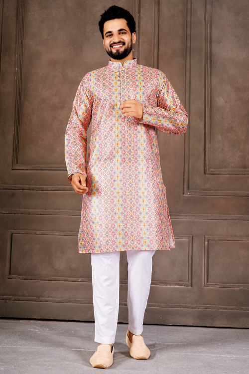 Cream Silk Blend Men's Kurta Pajama With Sequins Work For Festival