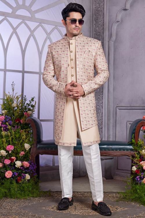 Cream Silk Blend Men's Sherwani with Embroidered for Wedding