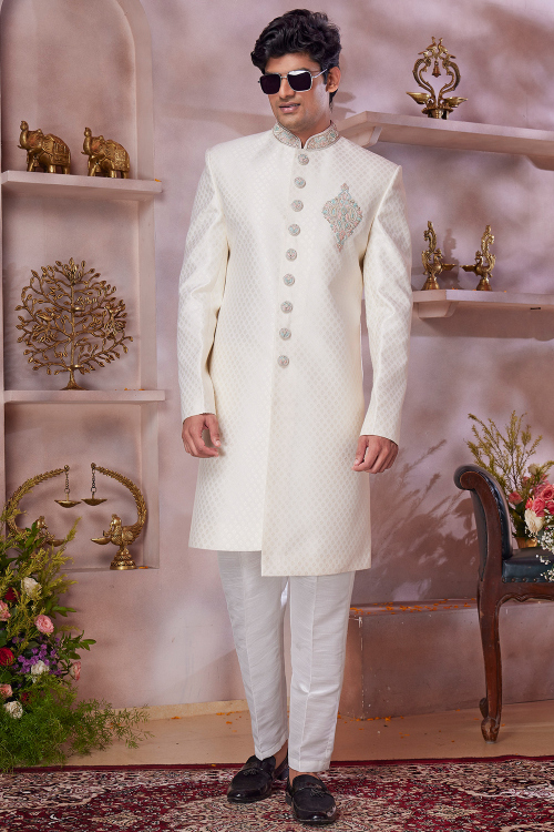 Cream Silk Blend Men's Sherwani with Weaved for Wedding