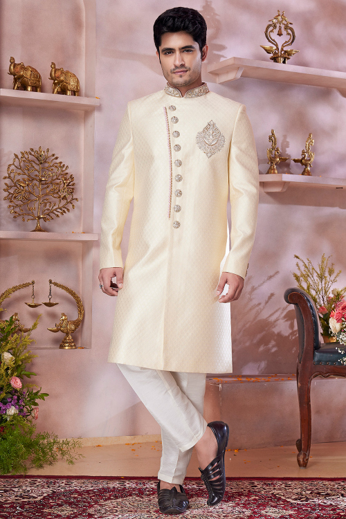Cream Silk Blend Men's Sherwani with Weaved for Wedding