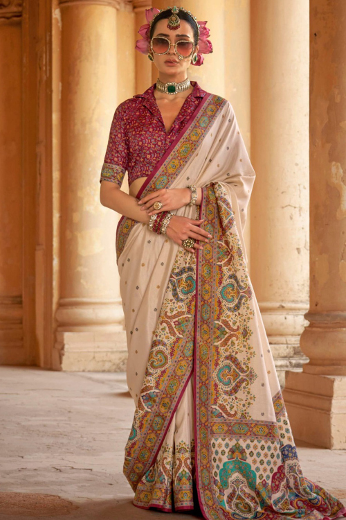 Cream Silk Blend Printed Saree For Diwali