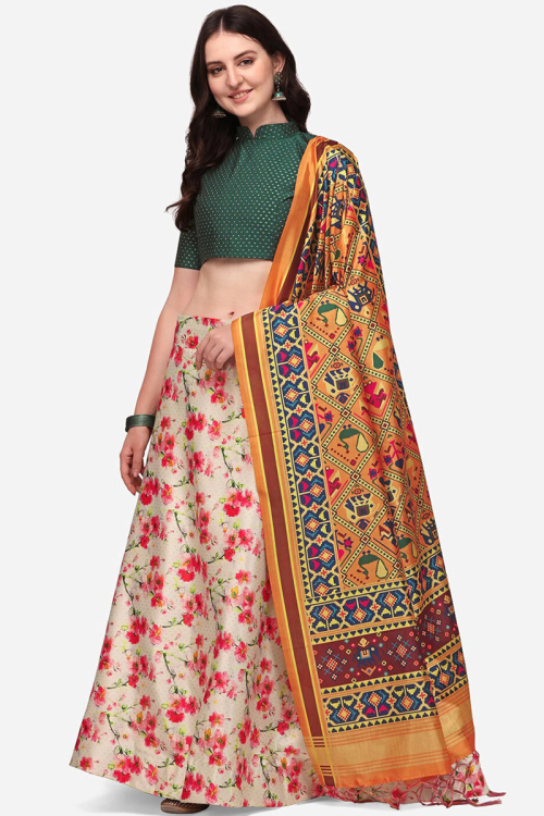 Cream Silk Digital print A-Line Style Lehenga