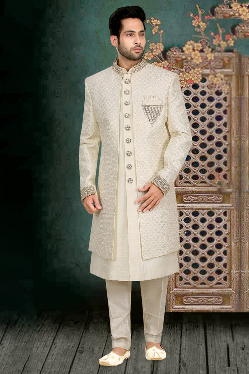 Cream Silk Embroidered Men's Jacket Style Sherwani 