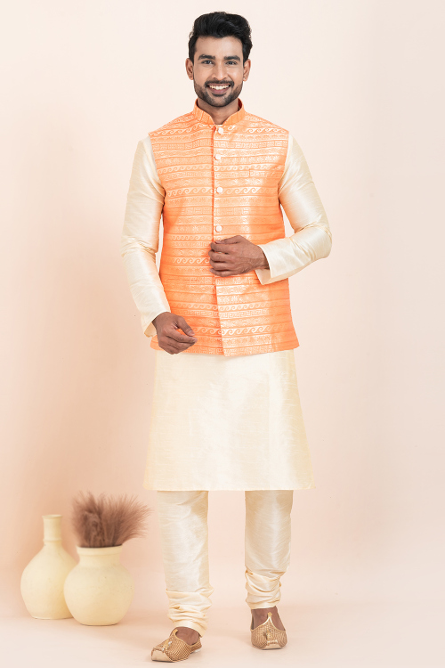 Cream Silk Jacket Style Men's Churidar Kurta 