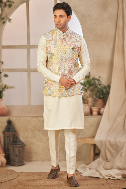 Cream Silk Jacket Style Men's Plain Kurta With Trouser Pants