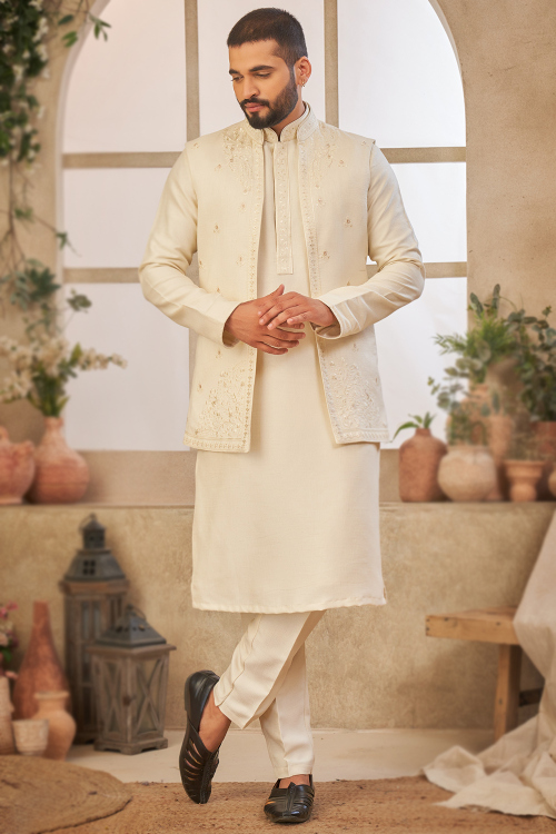 Cream Silk Men's Kurta Pajama With Embroidered Jacket 