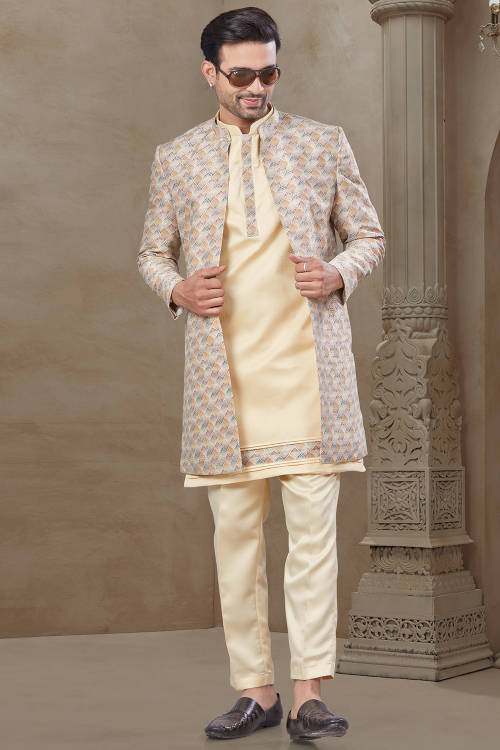 Cream Silk Printed Jacket Style Men's Kurta Pajama 