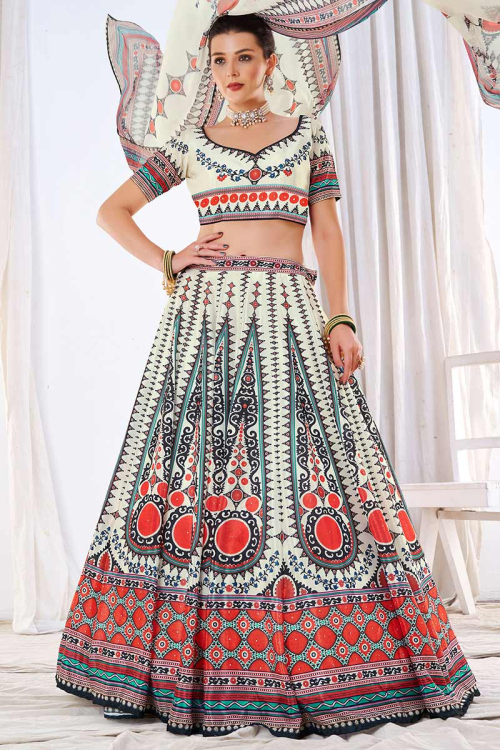 Cream Silk Printed Lehenga for Women