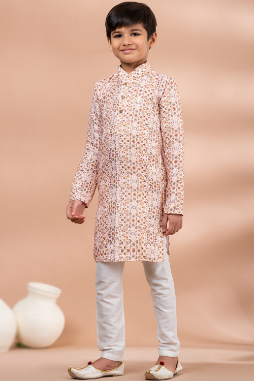 Cream Silk Printed Straight Cut Boy's Kurta Pajama 