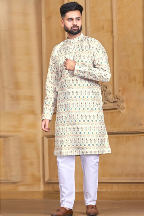 Cream Silk Printed Straight Cut Men's Kurta Pajama