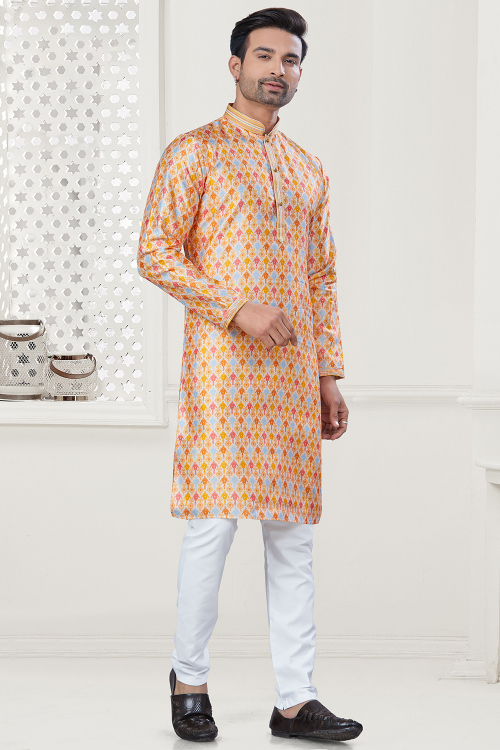 Cream Silk Printed Straight Cut Men's Kurta Pajama 