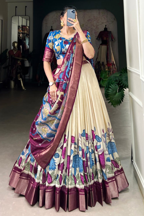 Cream Silk Silk Printed A Line Lehenga 