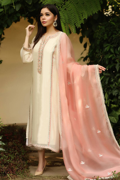 Cream Silk Straight Cut Embroidered Trouser Suit
