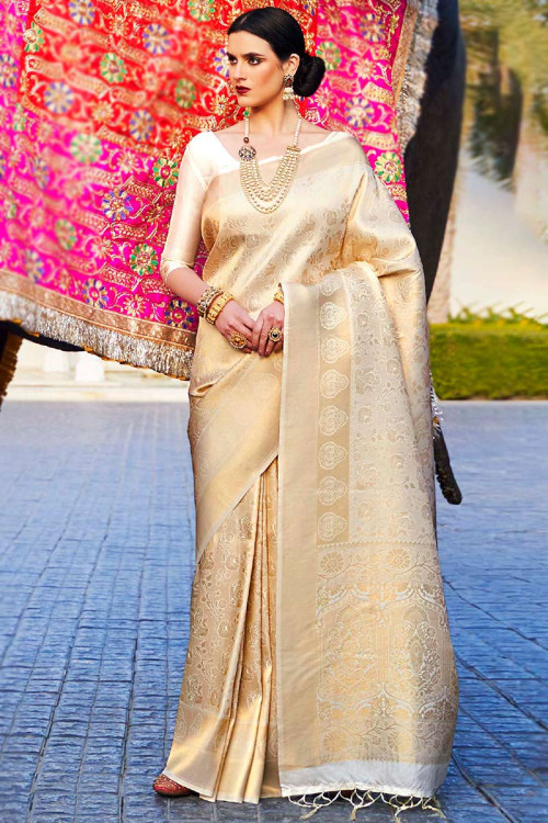 Cream Silk Woven Zari Indian Saree