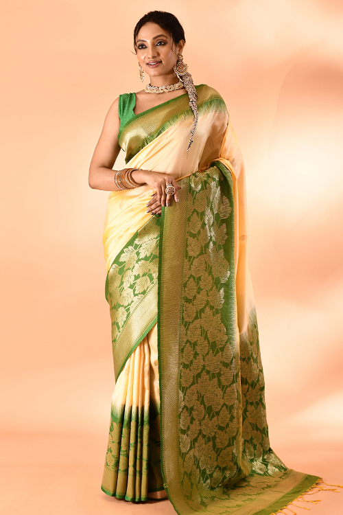 Cream Soft Silk Saree With Weaved Work For Festival