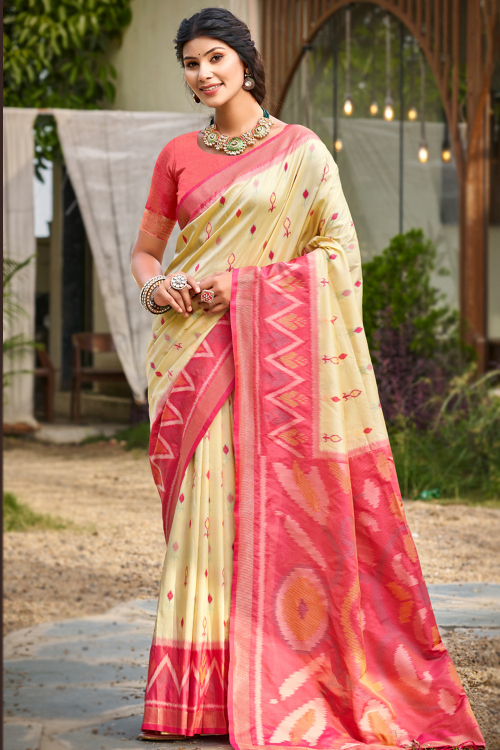 Cream Soft Silk Weaved Broad Border Saree