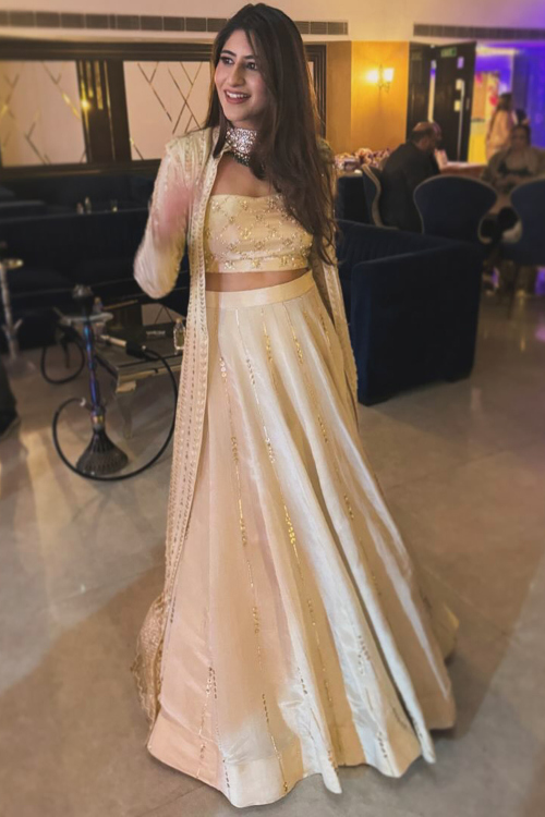 Cream Tissue Embroidered A Line Style Lehenga 