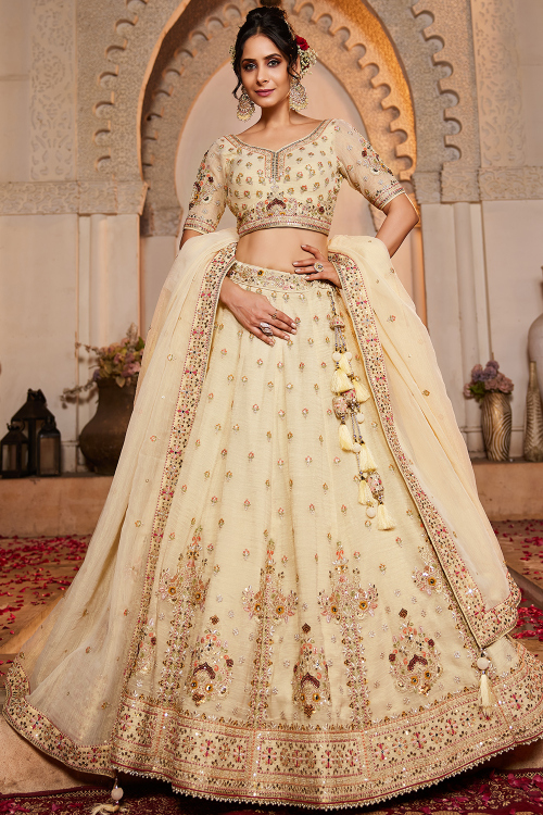 Cream Tissue Embroidered Lehenga For Wedding