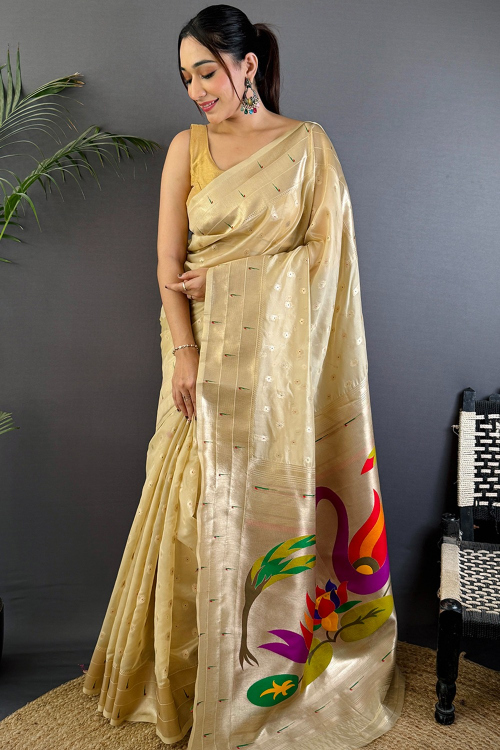 Cream Tissue Weaved Paithani Saree