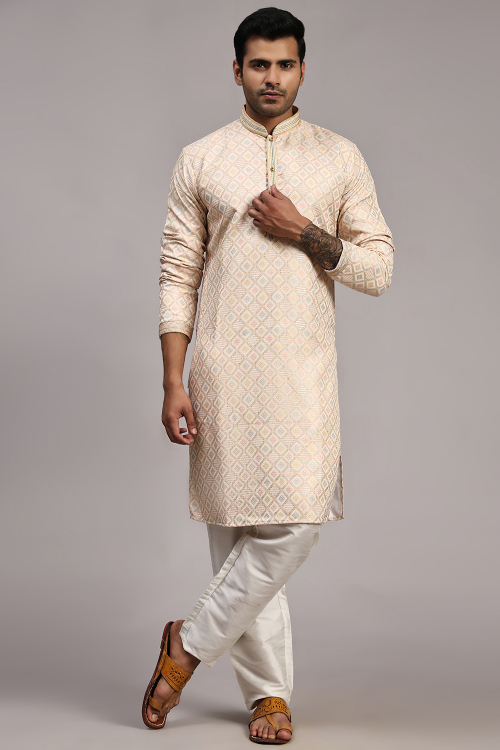 Cream Viscose Embroidered Straight Cut Men's Kurta Pajama