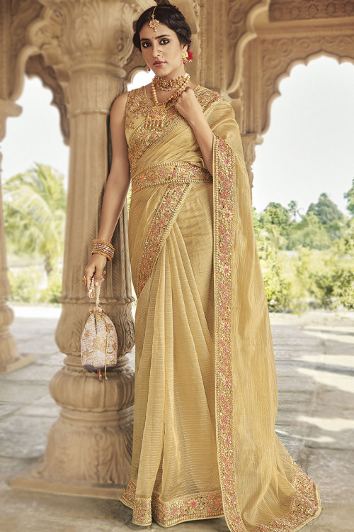 Cream Yellow Silk Lace Embroidered Fancy Saree