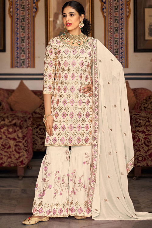 Cream Zari Embroidered Georgette Sharara Suit 