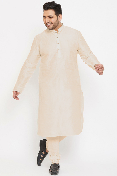 Cream Dupion Silk Plain Men's Kurta And Churidar