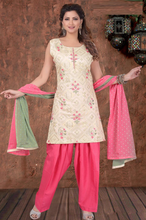 Creamy Pink Chanderi Embroidered Patiala Suit