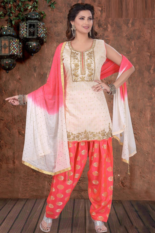 Creamy Pink Chanderi Patiala Suit