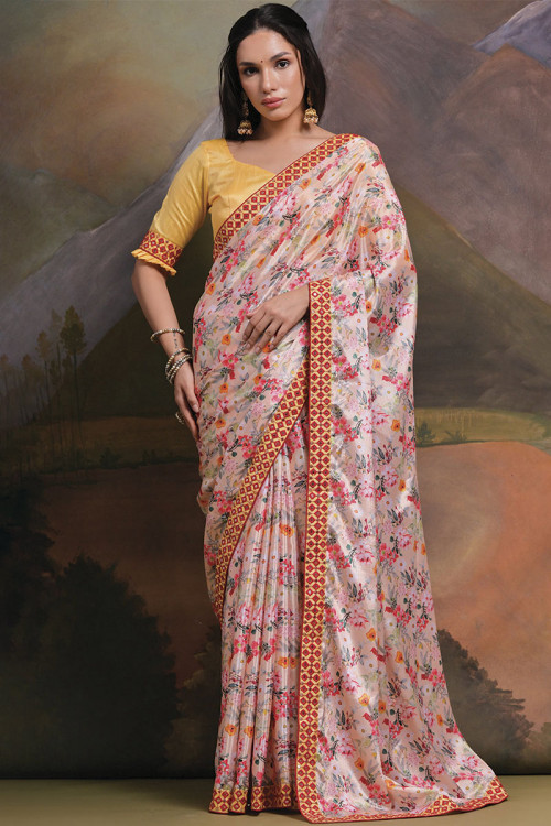 Creamy Pink Floral Printed Chinnon Saree 
