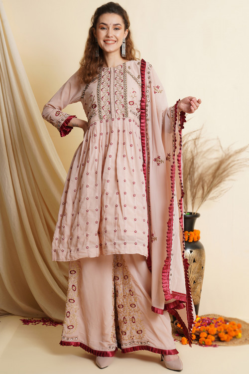 Creamy Pink Georgette Embroidered Frock Style Palazzo Suit 
