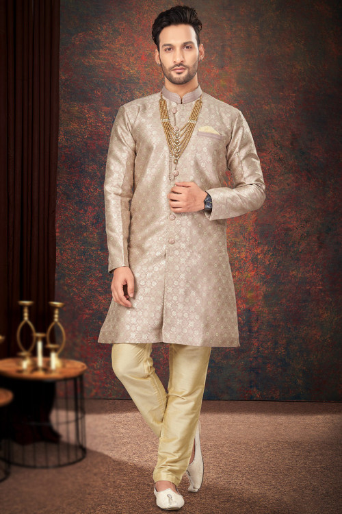 Creamy Pink Jacquard Weaved Zari Wedding Wear Men's Sherwani 
