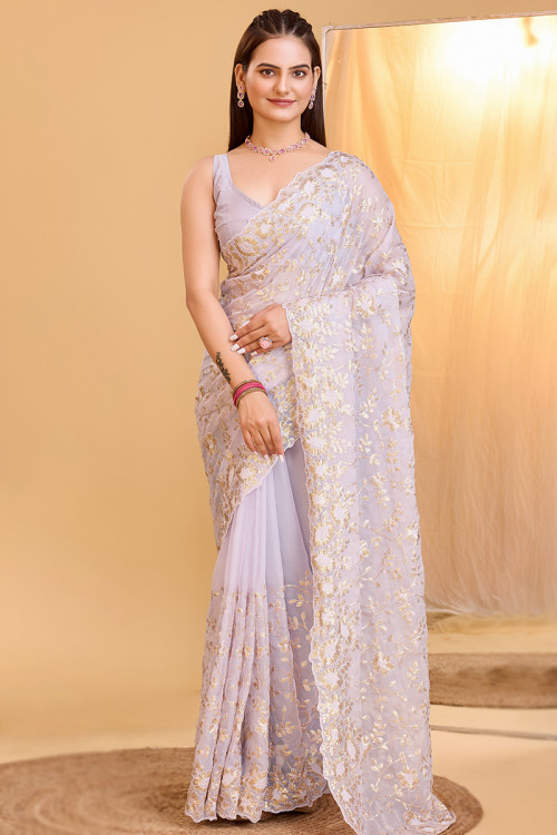 Creamy Pink Organza Sequins Embroidered Saree For Sangeet 