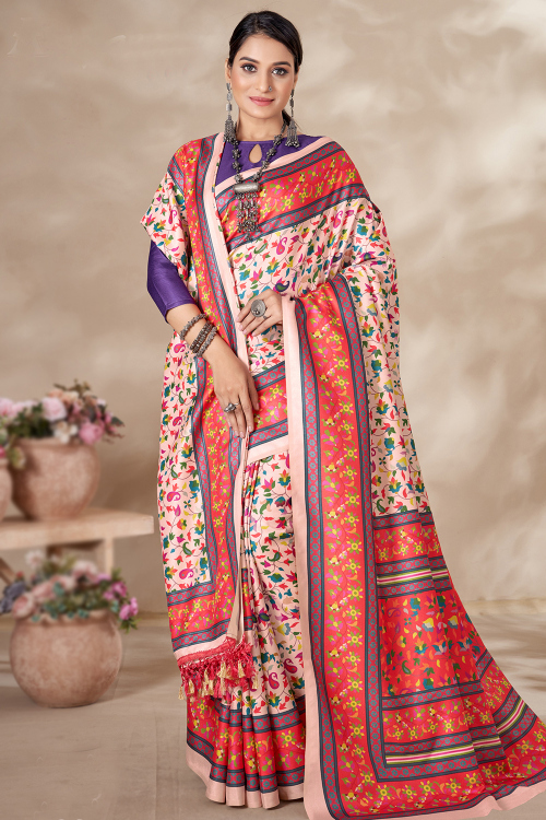 Creamy Pink Pashmina Printed Casual Wear Saree for Women