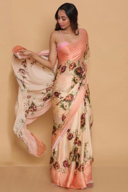 Creamy Pink Satin Digital Print Saree