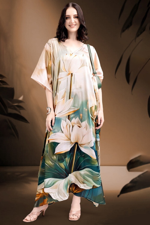 Creamy Pink Satin Kaftan With Printed Work