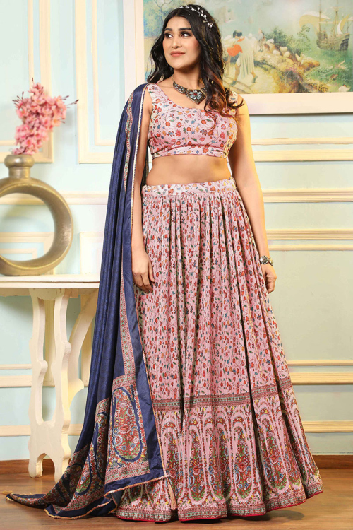 Creamy Pink Satin Printed Flared Lehenga