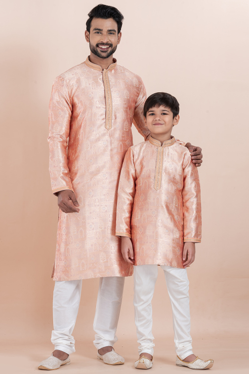 Creamy Pink Silk Kurta Pajama Combo for Father &amp; Son Festive Wear