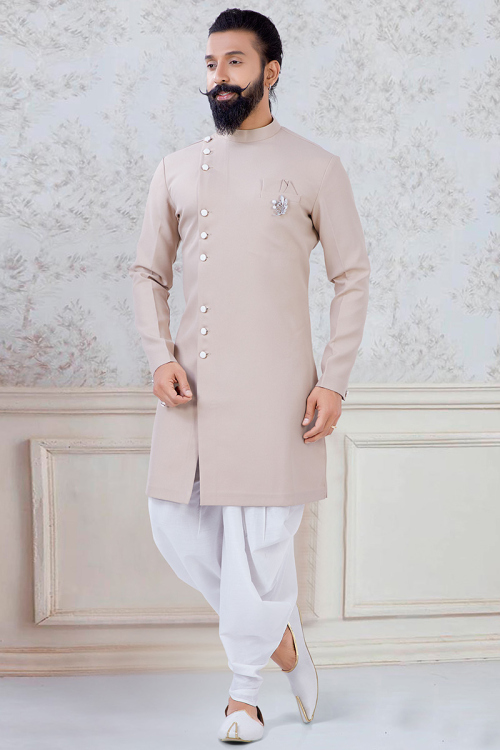 Creamy Pink Silk Men Sherwani With Dhoti